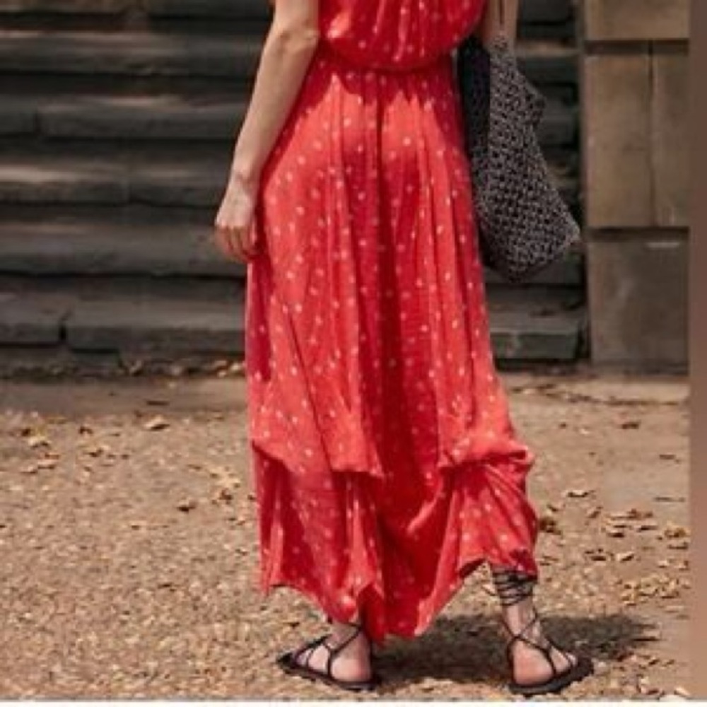 Free People coral wide leg pull on pants with ruffled hem detailing - Picture 1 of 8